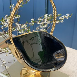 Rarity Brass basket cord handle / glass bowl deep dark green / 60s gorgeous vintage decoration / Hollywood Regency Style image 3