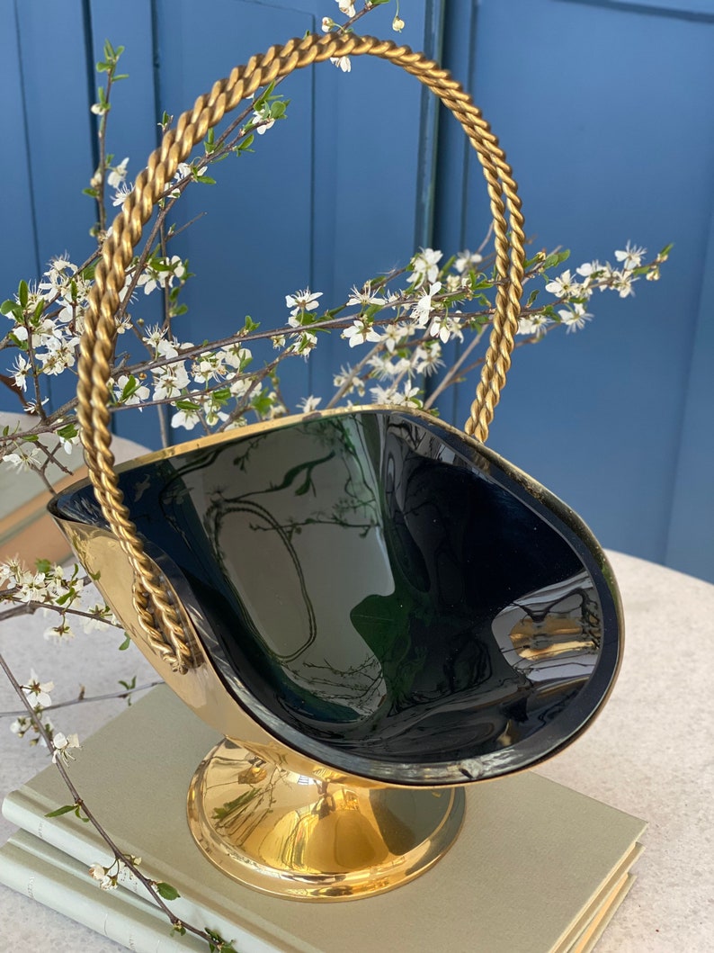 Rarity Brass basket cord handle / glass bowl deep dark green / 60s gorgeous vintage decoration / Hollywood Regency Style image 3