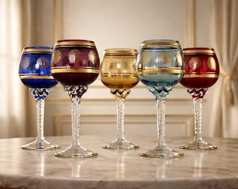 Vintage Colored Wine Glass Set, Gold Rim Glasses, Mixed Color Stemware, Retro Barware, Set of 5, 7.1 Inch Goblets Vintage Roman Wine Glass