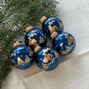 Set of 5 PCS / 5cm / Vintage Christmas tree baubles / Christmas tree decorations Made in Germany / Old glass baubles /blue gold /mouth-blown