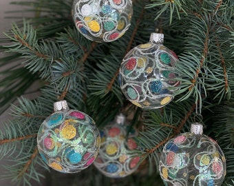 Set 6 PCS / 6 cm / Vintage Christmas Bulbs / traditonal Made in Germany / transparent multicolored / old christmas tree decorations I