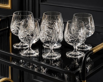 6 Vintage Crystal Cognac Glasses – Hand-Cut Brandy Glasses – Set of 6 – Mid-Century Barware – Heavy Lead Crystal Whiskey Glasses