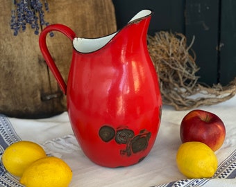26 cm ancient enamel jug, with strong natural patina, garden prop, food prop