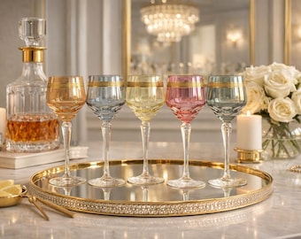 Set of 5 vintage crystal glasses with iridescent finish and gold trim – Hollywood Regency style, circa 1950s. Luxurious fine dining goblets. Curated glassware.