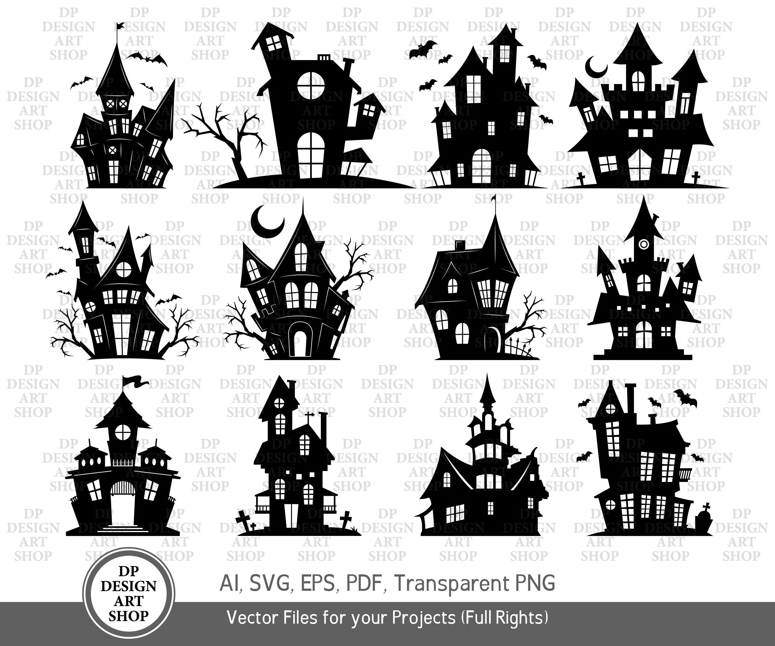 Halloween Haunted House Silhouette Clipart Svgcutting File Etsy