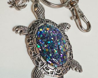 Sea Turtle Key Chain: Nickel Metal with Purple Glitter Resin