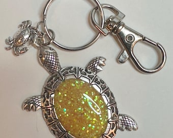 Sea Turtle Keychain: Nickel Metal with Yellow Glitter Resin