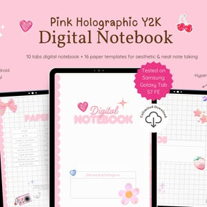 Różowy holograficzny cyfrowy notatnik Y2K, Samsung Notes Galaxy Tab, 10 kart, 16 szablonów, notatki z wykładów, przyjazny dla Androida, hiperłącza PDF