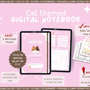 Cat Themed Samsung Notes Digital Notebook, Pastel Color Samsung Note Hyperlinked Digital Notebook with stickers, Kawaii Student Note taking