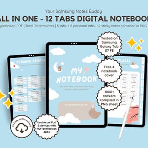 All in One Cute Digital Notebook for Samsung | Kawaii Digital Notebook Hyperlinked | Planner Templates for Note Taking | Sticker Sheets