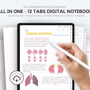 Op de afbeelding: Een digitaal notitieboek op een tabletscherm met 12 tabbladen, hyperlinked PDF-functionaliteit, 144 notitiesecties, 20 notitiesjablonen en 13 plannersjablonen. Het scherm toont handgeschreven wetenschappelijke revisienotities met diagrammen.