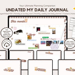 Może przedstawiać: Cyfrowy niedatowany planer dzienny z widokiem kalendarza miesięcznego, grafikami brązowych misiów, etykietami tekstowymi takimi jak 'This month', 'Vision Board', 'My Journal', 'About me', białym rysikiem, widżetami planera i ozdobnymi naklejkami.