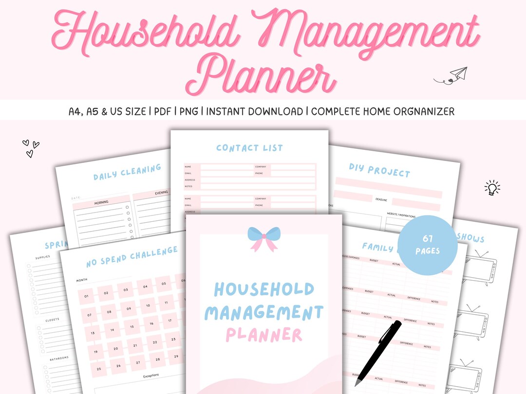67 Page Household Planner Kawaii Pink Blue Printable PDF PNG Home ...
