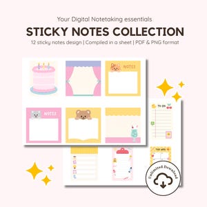 Paquete de notas adhesivas digitales Kawaii / Lindos tonos pastel / Notas adhesivas de osos / PNG transparente / PDF imprimible / hojas de pegatinas