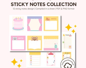 Kawaii Digital Sticky Notes Bundle | Cute Pastel | Bear Sticky Notes | PNG Transparent | PDF Printable | sticker sheets
