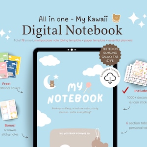 All in One Cute Digital Notebook Samsung, Hyperlinked Digital Notebook, Kawaii Digital Notebook, Sticky Notes, Note Template for Notetaking