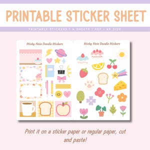 May include: Printable sticker sheet with 4 sheets of A5 size sticky note doodle stickers. The stickers feature cute illustrations of food, plants, and other objects in pastel colors. The text "Sticky Note Doodle Stickers" is printed at the top of each sheet.