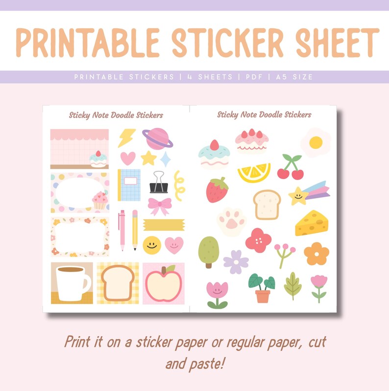 May include: Printable sticker sheet with 4 sheets of A5 size sticky note doodle stickers. The stickers feature cute illustrations of food, plants, and other objects in pastel colors. The text "Sticky Note Doodle Stickers" is printed at the top of each sheet.