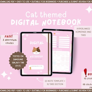 Cat Themed Samsung Notes Digital Notebook, Pastel Color Samsung Note Hyperlinked Digital Notebook, Sticky Notes, Kawaii Student Note