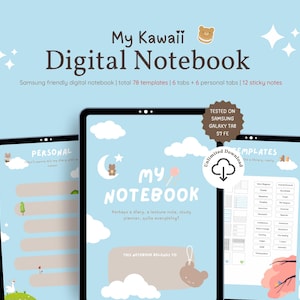 Uroczy cyfrowy notatnik Samsung, cyfrowy notatnik z hiperłączami, cyfrowy notatnik Kawaii, notatki samoprzylepne, szablon notatki do robienia notatek, Goodnotes