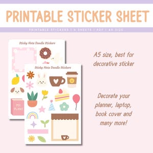 May include: Printable sticker sheet with a variety of cute doodle designs, including a donut, a bunny, a coffee cup, a lemon, a plant, a star, a rainbow, and a birthday hat. The sheet is A5 size and is best for decorative stickers. The text on the sheet says "Sticky Note Doodle Stickers" and "My Plans".