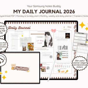 May include: Digital planner titled "MY DAILY JOURNAL 2026" with a cat illustration, designed for Samsung Galaxy Tab S7 FE and iPad. Includes monthly, weekly, and daily planner pages, trackers, notes, and decorative stickers.