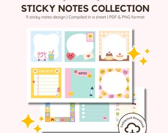Kawaii Digital Sticky Notes Bundle | Cute Pastel Themed Sticky Notes | PDF Printable at home DIY | Transparent PNG