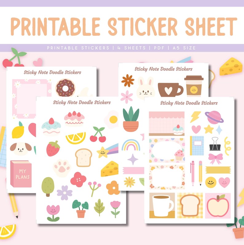 May include: Printable sticker sheet with four sheets of cute doodle stickers. The stickers feature a variety of designs, including animals, food, plants, and other fun elements. The stickers are perfect for adding a touch of personality to planners, journals, and other paper goods.