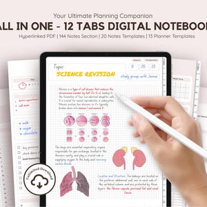 以下が含まれることがあります： 12個のタブ、グリッドレイアウト、細胞、腎臓、肺の図を含む科学ノートを備えたタブレット画面上のデジタルノートブック。テキストには「ALL IN ONE - 12 TABS DIGITAL NOTEBOOK」および「SCIENCE REVISION」と記載されています。
