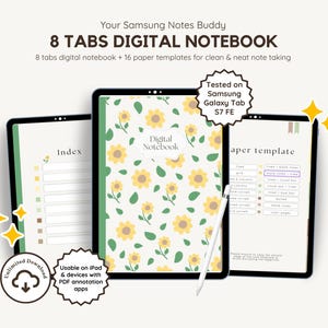 Sunflower Digital Notebook Samsung Android | 8 Tab Hyperlinked | Kawaii Minimalist Notes Planner | 16 Paper Templates PDF Goodnotes Android