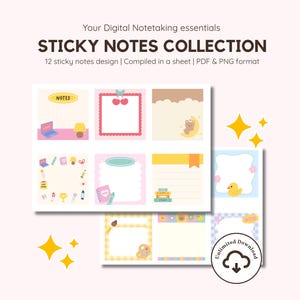 May include: A digital sticky notes collection with 12 designs. The image features various colorful sticky notes with illustrations of a laptop, cherries, a bear on a moon, and a duck. Text includes "Your Digital Notetaking essentials" and "STICKY NOTES COLLECTION".