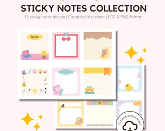 Kawaii Sticky Notes Bundle | Cute Pastel Doodle Designs | PNG Transparent | Digital sticky notes | DIY sticker sheets printable