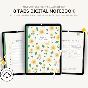 Può includere: Un taccuino digitale visualizzato su tre schermi di tablet con una copertina a motivo girasole, una pagina indice e una pagina modello di carta. Il testo recita Your Ultimate Planning Companion, 8 TABS DIGITAL NOTEBOOK, 8 tabs digital notebook + 16 paper templates for clean & neat note taking, Digital Notebook, Index e paper template.