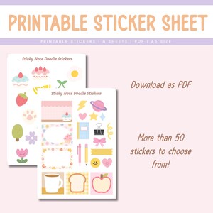 May include: Printable sticker sheet with over 50 cute doodle stickers. The stickers are in a pink, yellow, and blue color scheme and feature images of a cupcake, a coffee cup, a slice of bread, an apple, a paw print, a flower, a star, a heart, a lightning bolt, a book, a pencil, a pen, a bow, a smiley face, and more. The sheet is designed to be printed on A5 size paper.
