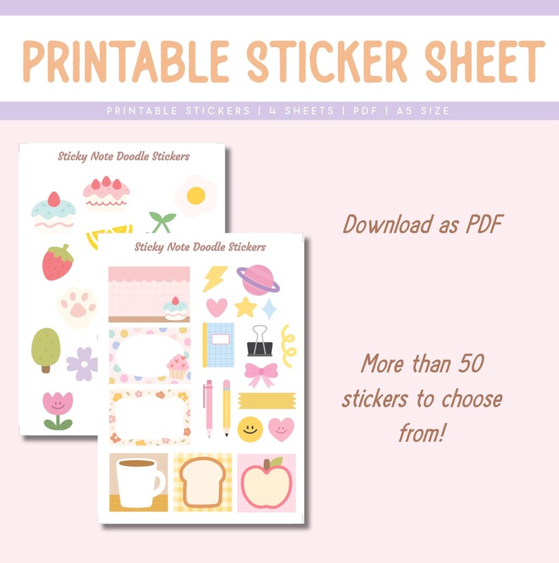 May include: Printable sticker sheet with over 50 cute doodle stickers. The stickers are in a pink, yellow, and blue color scheme and feature images of a cupcake, a coffee cup, a slice of bread, an apple, a paw print, a flower, a star, a heart, a lightning bolt, a book, a pencil, a pen, a bow, a smiley face, and more. The sheet is designed to be printed on A5 size paper.