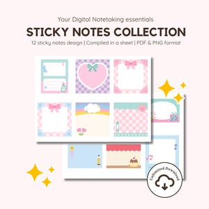 Puede incluir: Una colección de 12 notas adhesivas digitales en formatos PDF y PNG. Las notas presentan varios diseños, incluyendo corazones, lazos y cuadros de vichy, en colores pastel. El texto "STICKY NOTES COLLECTION" se muestra en la parte superior.