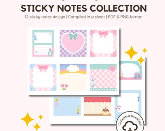 Kawaii Digital Sticky Notes | Cute Pastel Sticky Notes | PNG Transparent | Printable PDF Sticker sheets | Cute Widgets for Digital Planner