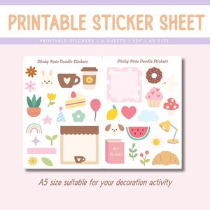 May include: Printable sticker sheet with 4 sheets of A5 size stickers. The stickers feature cute doodle designs, including a bunny, a coffee cup, a cake, a rainbow, a watermelon, a lemon, a dog, a cupcake, a mushroom, a lamp, a croissant, and more.