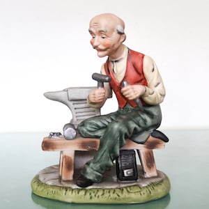 CAPODIMONTE Figurine PORCELAIN Man On Bench With Hammer Vintage 1960s Italy UNDAMAGED! Perfect Condition Collectors Item Italian!