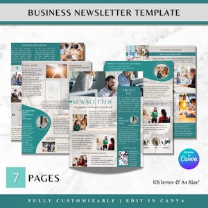 Può includere: Un modello di newsletter aziendale di sette pagine con tonalità verde acqua e bianco, fotografie di ufficio e testo segnaposto. Il layout include sezioni per missione, visione, approfondimenti di settore e messaggi aziendali.