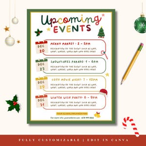 Op de afbeelding: Een feestelijke groene en witte poster met de tekst "Upcoming Events" in kleurrijke letters. De poster bevat vier evenementen met data, tijden en ruimte voor beschrijvingen. Decoratieve elementen zijn hulst, een kerstboom en een zuurstok.