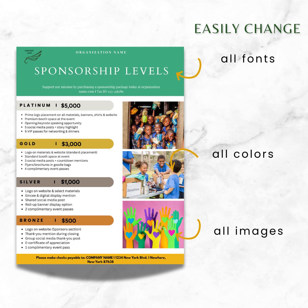 Non profit Event Sponsorship Levels Sponsorship Menu Fundraising Flyer 