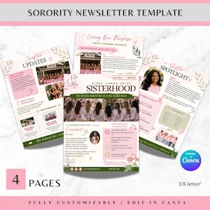 May include: A four-page sorority newsletter template designed in Canva, featuring a pink and white color scheme with floral accents. The layout includes sections for chapter updates, sister spotlights, and philanthropy highlights with placeholder photos.