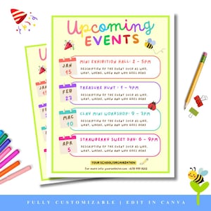 Può includere: Un volantino colorato con il testo "Prossimi Eventi" in un font giocoso. Il volantino elenca eventi con date, orari e brevi descrizioni, tra cui una mini sala espositiva, una caccia al tesoro, un mini laboratorio di argilla e una giornata dolce alle fragole.
