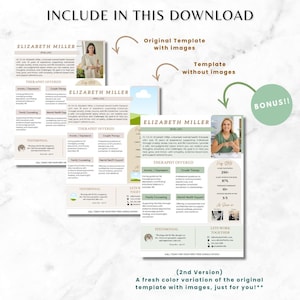 May include: A digital download of a therapist's business card template. The template features a green and white colour scheme with a photo of the therapist. The text on the card includes the therapist's name, credentials, services offered, and contact information. The template is available in two versions: one with images and one without images.