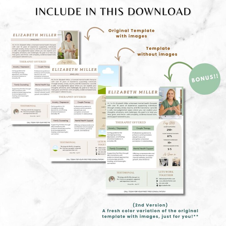 May include: A digital download of a therapist's business card template. The template features a green and white colour scheme with a photo of the therapist. The text on the card includes the therapist's name, credentials, services offered, and contact information. The template is available in two versions: one with images and one without images.