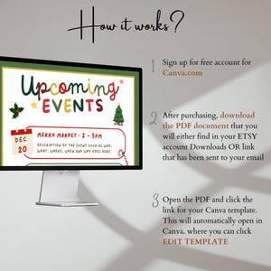 May include: A computer monitor displays a colorful graphic for "Upcoming Events." The graphic includes a Christmas tree, holly, and a calendar showing December 20. Instructions on how to use the template are listed on the right.