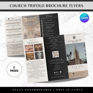 May include: A trifold brochure with the text "Church Trifold Brochure Flyers" at the top. The brochure includes announcements, scripture, order of worship, welcome messages, and service information. The brochure is fully customizable and editable in Canva.