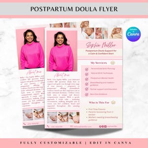 Puede incluir: Folleto de doula posparto rosa y blanco con una foto de una mujer con un suéter rosa. El folleto incluye texto sobre servicios, incluyendo planificación del parto, salud mental y orientación sobre lactancia. El folleto es totalmente personalizable.