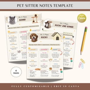 May include: A pet sitter notes template with the text "PET SITTER NOTES TEMPLATE". The template includes spaces for pet details, daily schedules, and contact information. The design features illustrations of pets, paw prints, and a pencil.